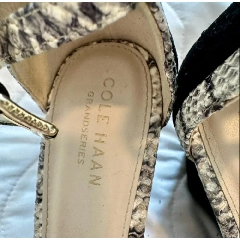 Cole Haan Grandseries Black Suede Snakeskin Ankle Strap Wedge Pumps 6.5